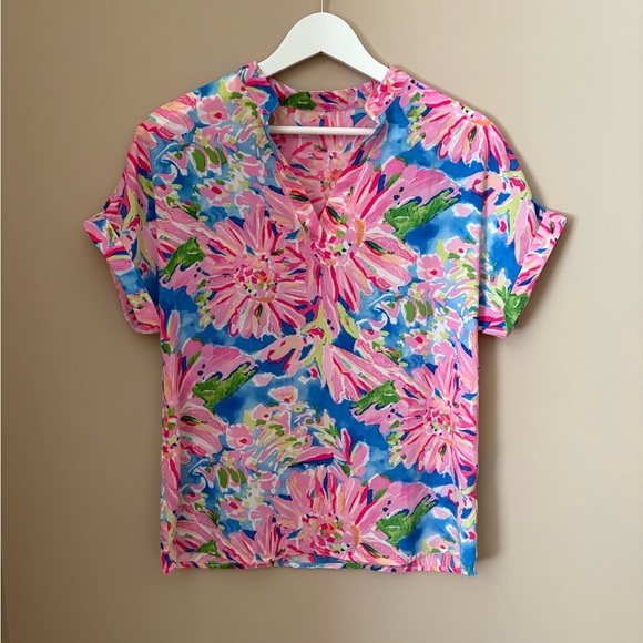 Floral V-Neck Women's Top - Pink and Blue - Picture 2 of 4